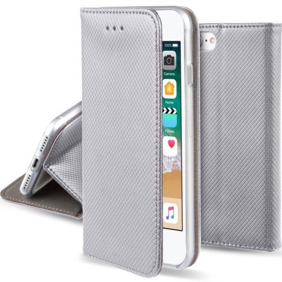 Smart Magnet Book Case priekš Huawei Y5 II (Y5 2) / Y6 II (Y6 2) Compact - Sudrabains - sāniski atverams maciņš ar stendu (ādas maks, grāmatiņa, leather book wallet case cover stand)