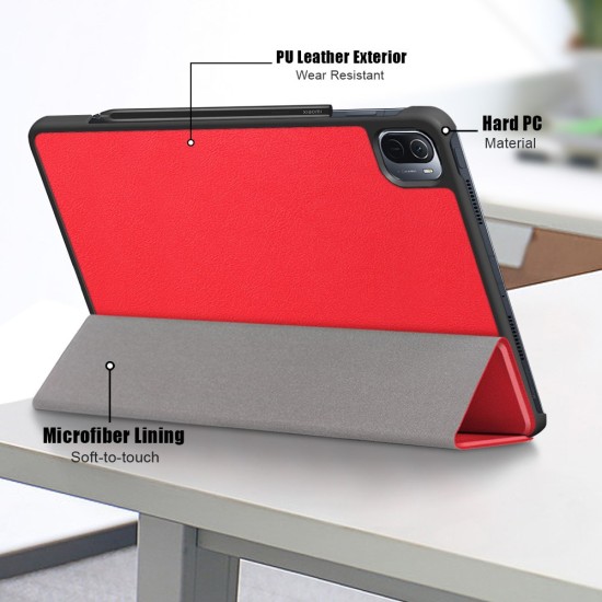 Tri-fold Stand PU Smart Auto Wake/Sleep Leather Case priekš Xiaomi Pad 5 - Sarkans - sāniski atverams maciņš ar stendu