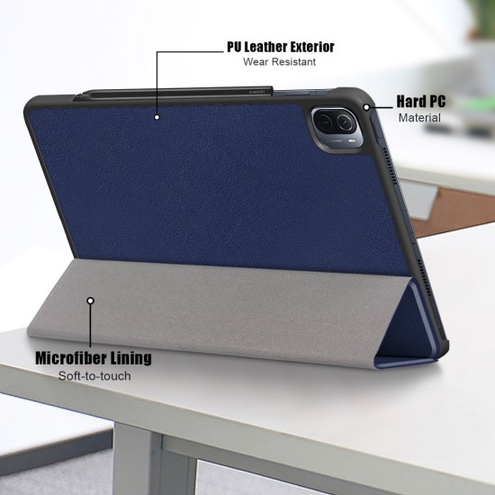 Tri-fold Stand PU Smart Auto Wake/Sleep Leather Case priekš Xiaomi Redmi Pad SE 11.0 - Tumši Zils - sāniski atverams maciņš ar stendu