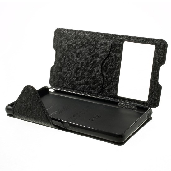 RoarKorea Fancy Diary View Sony Xperia Z3 Plus E6553 / Z4 Wake/Sleep - Melns - sāniski atverams maciņš ar stendu un lodziņu (ādas maks, grāmatiņa, leather book wallet case cover stand)