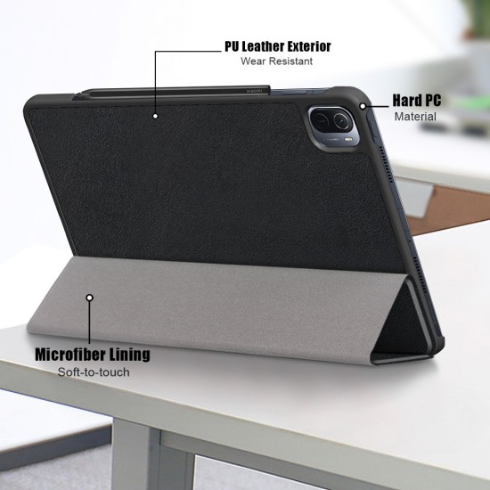 Tri-fold Stand PU Smart Auto Wake/Sleep Leather Case priekš Xiaomi Pad 7 / 7 Pro - Melns - sāniski atverams maciņš ar stendu