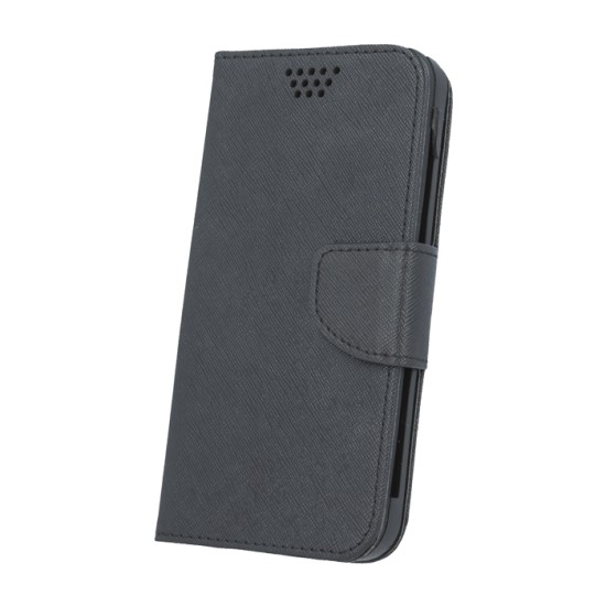 GreenGo Universal Silicon Smart Fancy priekš telefoniem ar ekrānu izmēru 4.7 inch (74 x 138 mm) - Melns - universāls sāniski atverams maciņš ar stendu (ādas maks, grāmatiņa, leather book wallet case cover stand)