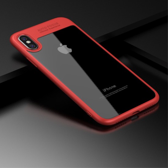 IPAKY Hybrid TPU Frame Clear Acrylic Phone Case priekš Apple iPhone X / XS - Sarkans - plastikāta apvalks ar silikona malām (bampers, vāciņš, TPU silicone cover, bumper shell)