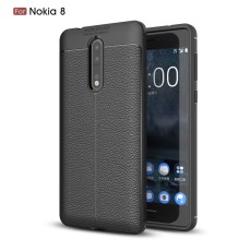 Litchi Skin PU Leather Coated TPU Mobile Phone Case priekš Nokia 8 - Melns - ādas imitācijas triecienizturīgs silikona aizmugures apvalks (maciņš, bampers, vāciņš, slim cover, bumper, back case)