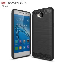 Carbon Fiber Brushed TPU Frosted Phone Case for Huawei Y6 (2017) - Black - triecienizturīgs silikona aizmugures apvalks (bampers, vāciņš, slim TPU silicone case shell cover, bumper)