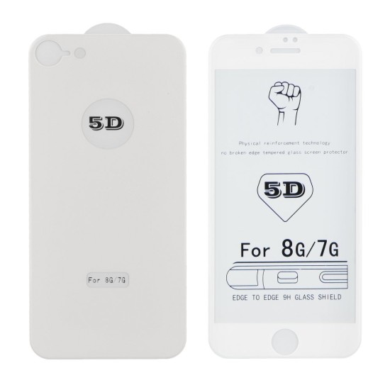 (Front Back) 5D Full Glue (ar noapaļotām malām) Tempered Glass screen protector priekš Apple iPhone 8 - Balts - Ekrāna Aizsargstikls / Bruņota Stikla Aizsargplēve (Full screen size curved)
