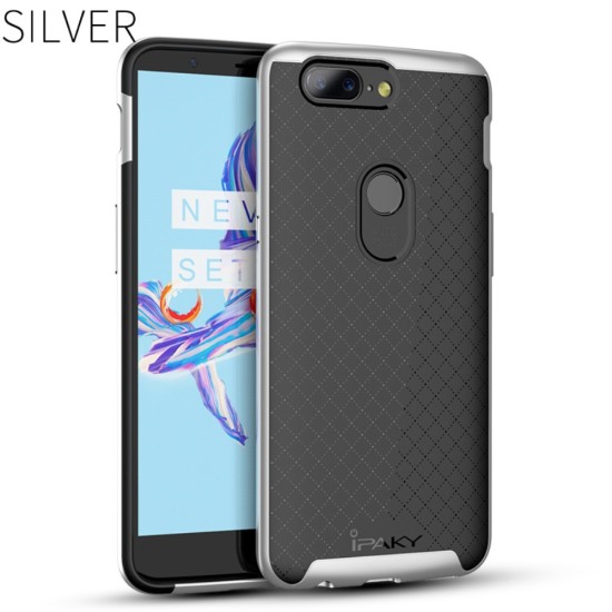 IPAKY 2-Piece PC Frame and TPU Phone Case for OnePlus 5T - Silver - silikona ar plastikas rāmi aizmugures apvalks (bampers, vāciņš, TPU silicone cover, bumper shell)