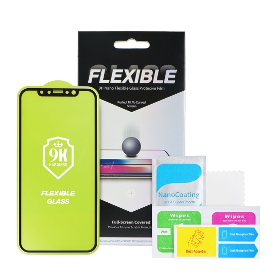 5D Full Glue Flexible Nano Tempered Glass 9H screen protector guard priekš Apple iPhone 11 Pro / X / XS - Melns - Ekrāna Aizsargstikls / Bruņota Stikla Aizsargplēve