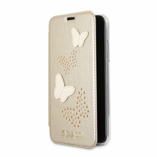 Guess Studs & Sparkles series GUFLBKPXPBUBE priekš Apple iPhone X / XS - Bēšs - sāniski atverams maciņš (ādas maks, grāmatiņa, leather book wallet case cover)