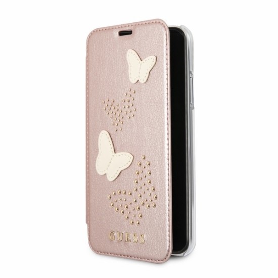 Guess Studs & Sparkles series GUFLBKPXPBURG priekš Apple iPhone X / XS - Rozā Zelts - sāniski atverams maciņš (ādas maks, grāmatiņa, leather book wallet case cover)