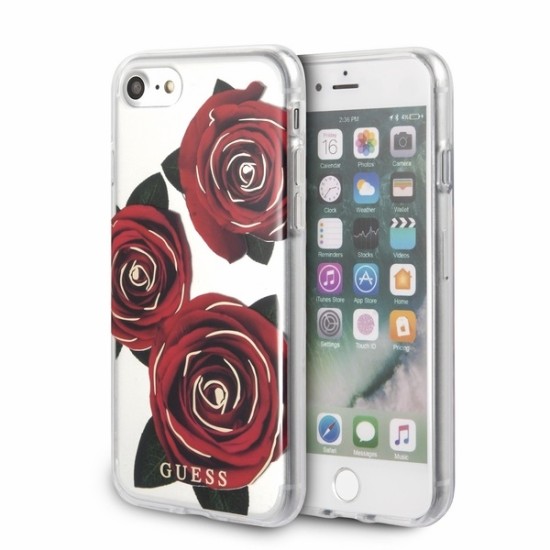Guess Flower Desire Red Rose series GUHCI8ROSTR priekš Apple iPhone 7 / 8 / SE2 (2020) / SE3 (2022) - Caurspīdīgs - plastikāta aizmugures apvalks / bampers-vāciņš