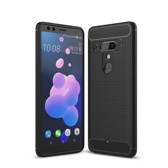 Carbon Fiber Brushed TPU Back Phone Case for HTC U12 Plus - Black - triecienizturīgs silikona aizmugures apvalks (bampers, vāciņš, slim TPU silicone case shell cover, bumper)