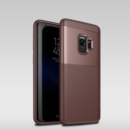 IPAKY Grid Pattern PC Frame and TPU Combo Phone Case priekš Samsung Galaxy S9 G960 - Brūns - silikona ar plastikas rāmi aizmugures apvalks (bampers, vāciņš, TPU silicone cover, bumper shell)