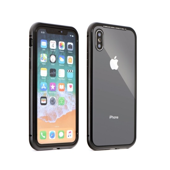 Magneto Aluminium Case with Back Tempered Glass and Silicone priekš Apple iPhone 7 / 8 / SE2 (2020) / SE3 (2022) - Melns - alumīnija bampers ar aizmugures aizsargstiklu / bampers-vāciņš