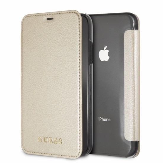 Guess Iridescent series GUFLBKI65IGLTGO priekš Apple iPhone XS Max - Zelts - sāniski atverams maciņš (ādas maks, grāmatiņa, leather book wallet case cover stand)