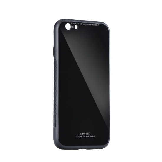 Forcell Glass Back Case priekš Samsung Galaxy J4 Plus (2018) J415 - Melns - plastikas aizmugures apvalks ar aizsardzības stiklu (bampers, vāciņš, PU back cover, bumper shell)