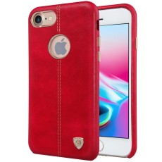 NILLKIN Englon Textured Leather Skin Hard Back Case priekš Apple iPhone 8 - Sarkans (ar izgriezumu) - ādas aizmugures apvalks (bampers, vāciņš, leather cover, bumper)