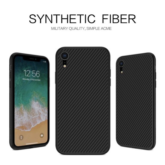 NILLKIN Synthetic Fiber Hard Plastic Case priekš Apple iPhone XR - Melns - plastikas aizmugures apvalks (bampers, vāciņš, PU back cover, bumper shell)