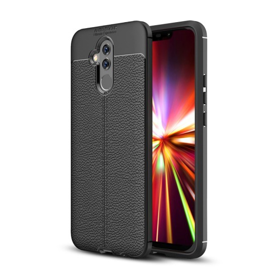Litchi Skin PU Leather Coated TPU Mobile Phone Case for Huawei Mate 20 Lite - Melns - ādas imitācijas triecienizturīgs silikona aizmugures apvalks (maciņš, bampers, vāciņš, slim cover, bumper, back case)