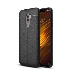 Litchi Skin PU Leather Coated TPU Mobile Phone Case for Xiaomi Pocophone F1 - Melns - ādas imitācijas triecienizturīgs silikona aizmugures apvalks (maciņš, bampers, vāciņš, slim cover, bumper, back case)