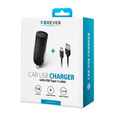 Forever M-02 Auto 12/24V Universāls USB/Type-C 1A Charger with cable - Type C Auto lādētājs ar atsevišķu kabeli / vadu telefoniem un planšetdatoriem