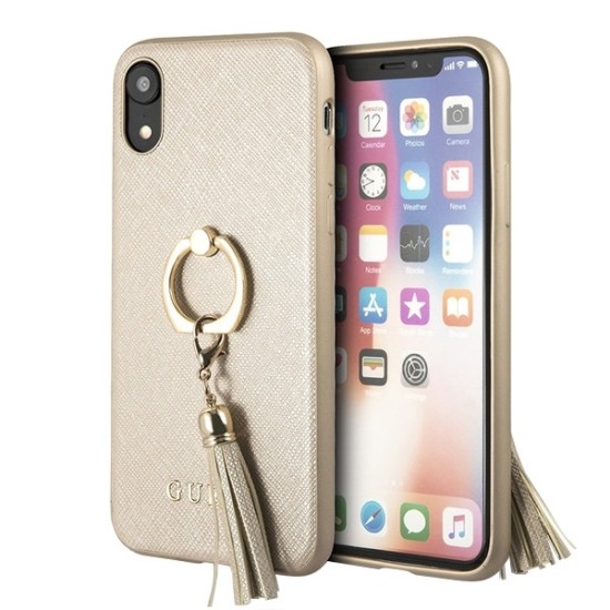 Guess Saffiano Ring series Back Case GUHCI61RSSABE priekš Apple iPhone XR - Zelts - ādas apvalks (bampers, vāciņš, leather case cover, bumper)