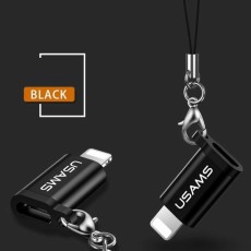 Usams SJ152ML01 (US-SJ152) Aluminum Alloy Adapter with Strap microUSB Female to Lightning Male - Melns - adapteris Apple telefoniem vai planšetdatoriem ar Lightning ieeju / konektoru