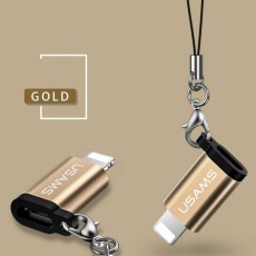 Usams SJ152ML02 (US-SJ152) Aluminum Alloy Adapter with Strap microUSB Female to Lightning Male - Zelts - adapteris Apple telefoniem vai planšetdatoriem ar Lightning ieeju / konektoru