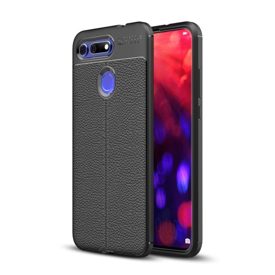 Litchi Skin PU Leather Coated TPU Mobile Phone Case priekš Huawei Honor View 20 - Melns - ādas imitācijas triecienizturīgs silikona aizmugures apvalks (maciņš, bampers, vāciņš, slim cover, bumper, back case)
