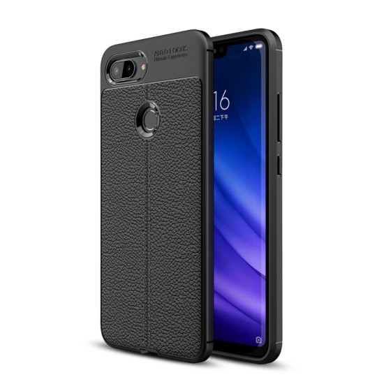 Litchi Skin PU Leather Coated TPU Mobile Phone Case priekš Xiaomi Mi 8 Lite - Melns - ādas imitācijas triecienizturīgs silikona aizmugures apvalks (maciņš, bampers, vāciņš, slim cover, bumper, back case)