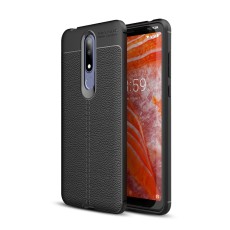 Litchi Skin PU Leather Coated TPU Mobile Phone Case priekš Nokia 3.1 Plus - Melns - ādas imitācijas triecienizturīgs silikona aizmugures apvalks (maciņš, bampers, vāciņš, slim cover, bumper, back case)