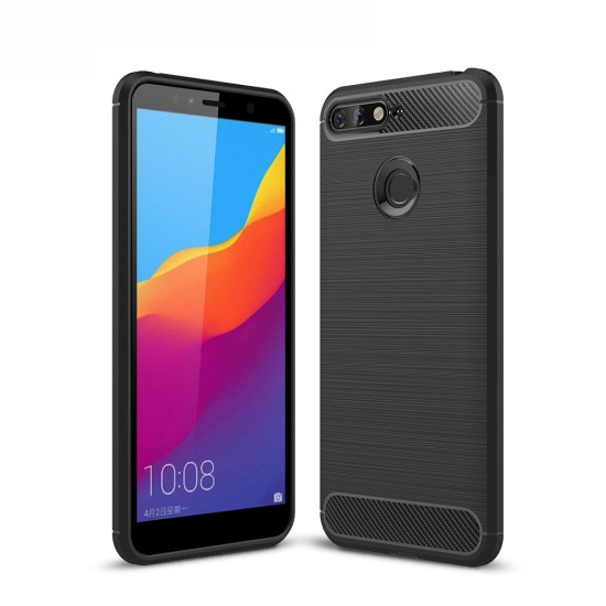 Carbon Fiber Brushed TPU Back Phone Case priekš Huawei Honor 7A / Y6 Prime (2018) - Melns - triecienizturīgs silikona aizmugures apvalks (bampers, vāciņš, slim TPU silicone case shell cover, bumper)