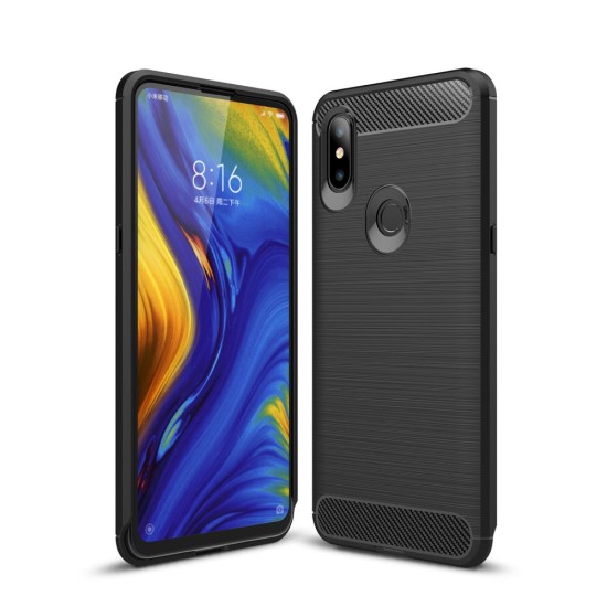 Carbon Fiber Brushed TPU Back Phone Case priekš Xiaomi Mi Mix 3 - Melns - triecienizturīgs silikona aizmugures apvalks (bampers, vāciņš, slim TPU silicone case shell cover, bumper)