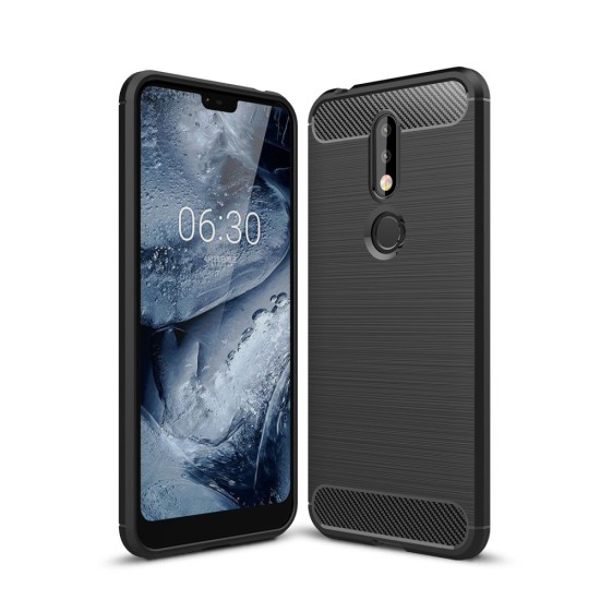 Carbon Fiber Brushed TPU Back Phone Case priekš Nokia 7.1 (2018) - Melns - triecienizturīgs silikona aizmugures apvalks (bampers, vāciņš, slim TPU silicone case shell cover, bumper)