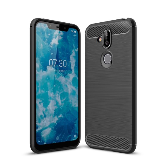 Carbon Fiber Brushed TPU Back Phone Case priekš Nokia 8.1 (2018) - Melns - triecienizturīgs silikona aizmugures apvalks (bampers, vāciņš, slim TPU silicone case shell cover, bumper)