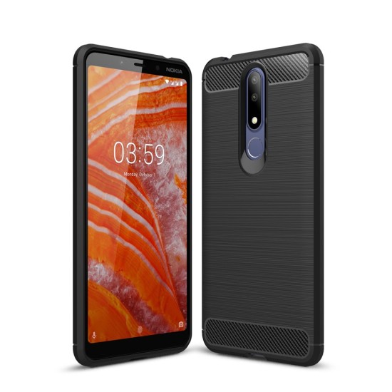 Carbon Fiber Brushed TPU Back Phone Case priekš Nokia 3.1 Plus (2018) - Melns - triecienizturīgs silikona aizmugures apvalks (bampers, vāciņš, slim TPU silicone case shell cover, bumper)