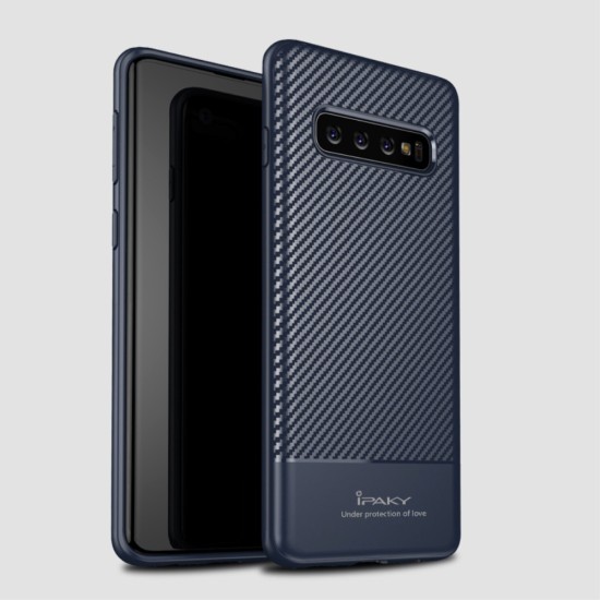 IPAKY Carbon Fiber Texture TPU Mobile Phone Case priekš Samsung Galaxy S10 G973 - Zils - silikona aizmugures apvalks (bampers, vāciņš, slim TPU silicone case shell cover, bumper)