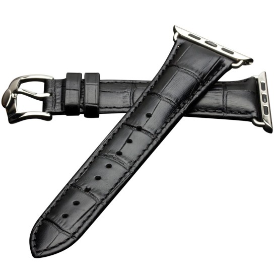 QIALINO Crocodile Pattern Genuine Leather Watch Wrist Strap priekš Apple Watch 42 / 44 / 45 mm / Ultra 49 mm - Melns - dabīgas ādas siksniņas (jostas) priekš pulksteņiem