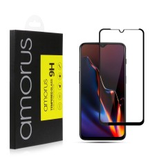 AMORUS Full Glue Silk Printing Tempered Glass Full Screen Protector priekš OnePlus 6T - Melns - Ekrāna Aizsargstikls / Bruņota Stikla Aizsargplēve (Full screen size curved)