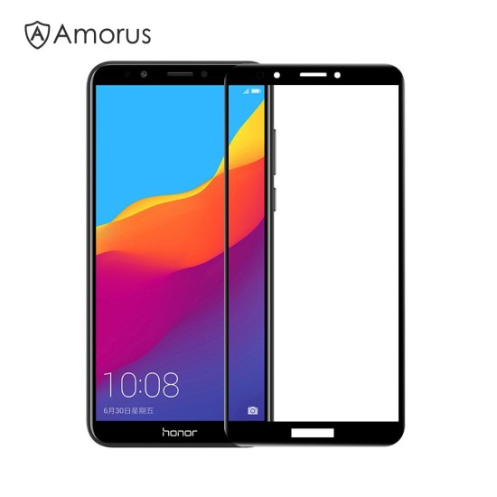 AMORUS Full Glue Silk Printing Tempered Glass Full Screen Protector priekš Huawei Honor 7A / Y6 Prime (2018) - Melns - Ekrāna Aizsargstikls / Bruņota Stikla Aizsargplēve (Full screen size curved)