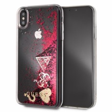 Guess Glitter Hearts Liquid series GUHCI65GLHFLRA priekš Apple iPhone XS Max - Sarkans - plastikāta apvalks (bampers, vāciņš, slim TPU case cover, bumper)