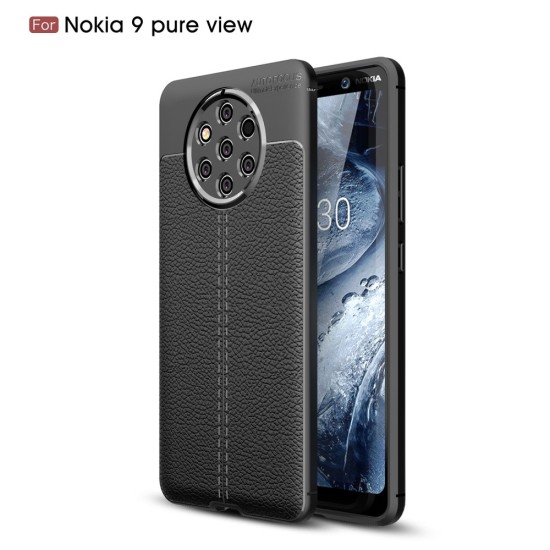 Litchi Skin PU Leather Coated TPU Mobile Phone Case priekš Nokia 9 PureView - Melns - ādas imitācijas triecienizturīgs silikona aizmugures apvalks (maciņš, bampers, vāciņš, slim cover, bumper, back case)