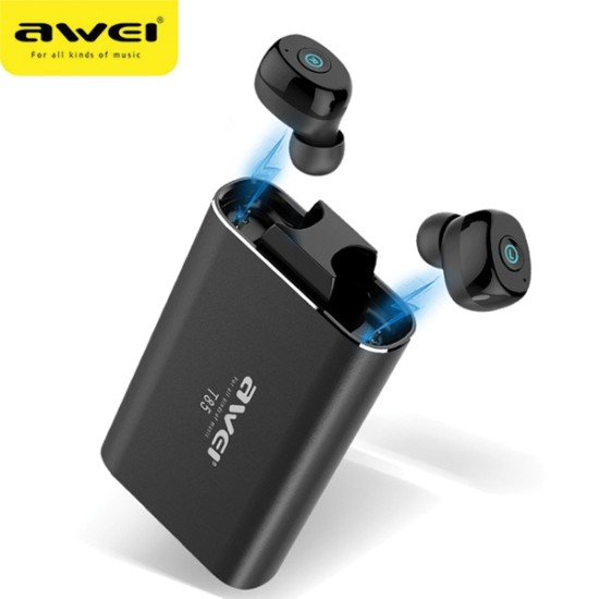 Awei T85 TWS Twins True Wireless Bluetooth V5.0 Earbuds with Charging Base Universālas Buds Formas Bezvadu Austiņas - Melnas
