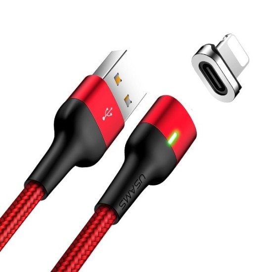 Usams 1M U28 LED Magnet 2.4A USB to Lightning cable - Sarkans - Apple iPhone / iPad magnētisks lādēšanas un datu kabelis / vads