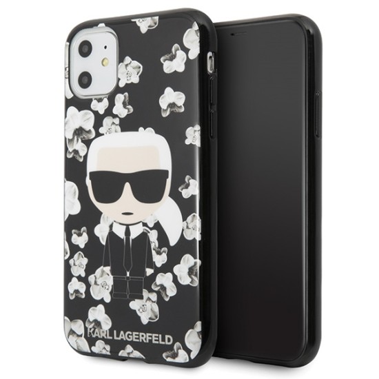 Karl Lagerfeld Iconic Karl Flower series Back Case KLHCN61FLFBBK priekš Apple iPhone 11 - Melns - silikona-plastikāta apvalks / maciņš
