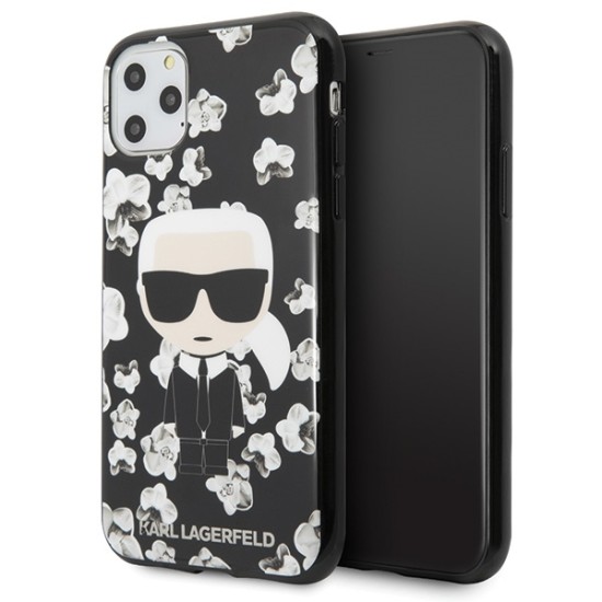Karl Lagerfeld Iconic Karl Flower series Back Case KLHCN65FLFBBK priekš Apple iPhone 11 Pro Max - Melns - silikona-plastikāta apvalks / maciņš