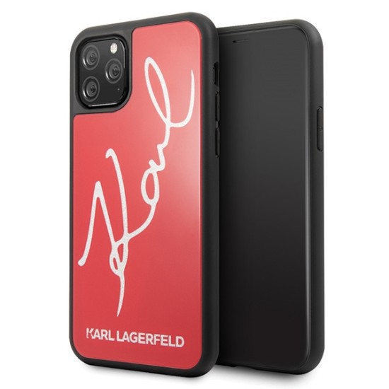 Karl Lagerfeld Glitter Karl Signature series Back Case KLHCN58DLKSRE priekš Apple iPhone 11 Pro - Sarkans - silikona un stikla aizmugures apvalks / maciņš