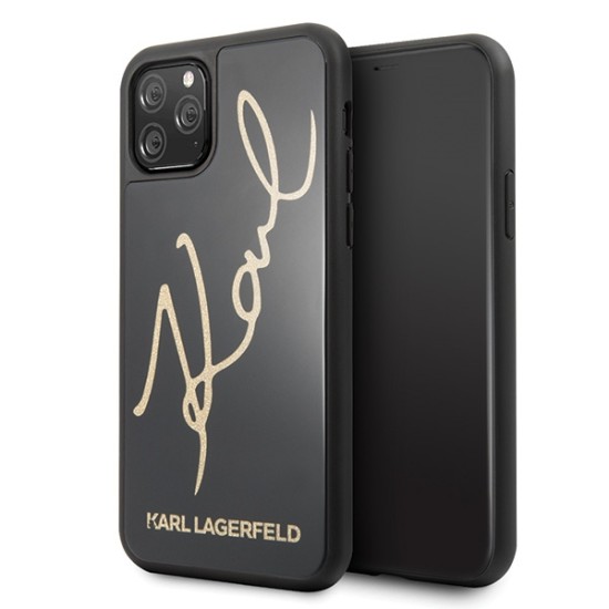 Karl Lagerfeld Glitter Karl Signature series Back Case KLHCN65DLKSBK priekš Apple iPhone 11 Pro Max - Melns - silikona un stikla aizmugures apvalks / maciņš