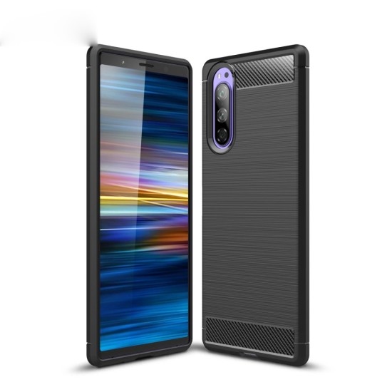 Carbon Fiber Brushed TPU Back Phone Case priekš Sony Xperia 5 PF43 - Melns - triecienizturīgs silikona aizmugures apvalks