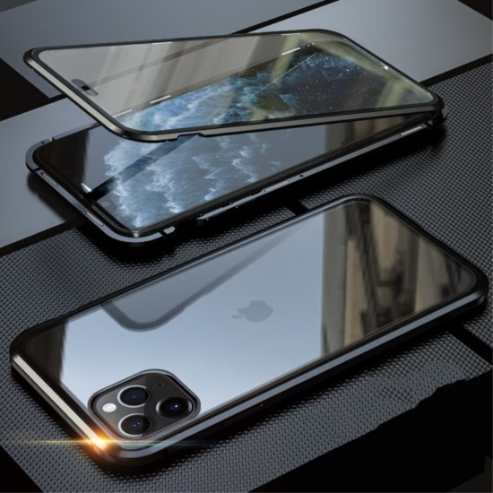 Magnetic Full Glass Back Case priekš Apple iPhone XR - Melns - alumīnija bampers ar priekšējo un aizmugurējo aizsargstiklu